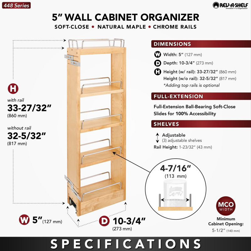 Wood Wall Cabinet Pullout Organizer For 36" H Cabinets W/ BB Soft-Close, 8" W