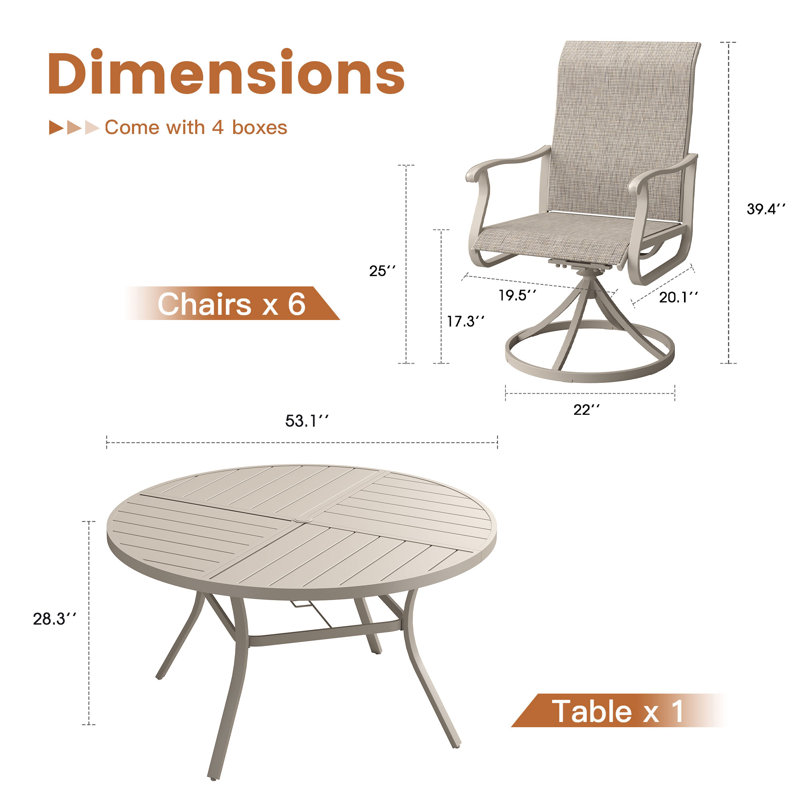 Ensemble repas d'extérieur pour patio - table ronde 53 po avec trou pour parasol + 6 chaises pivotantes