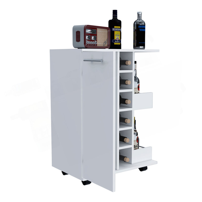 Chariot-bar Tennessee, une armoire avec une division, six casiers pour boissons alcoolisées, deux tablettes, Blanc