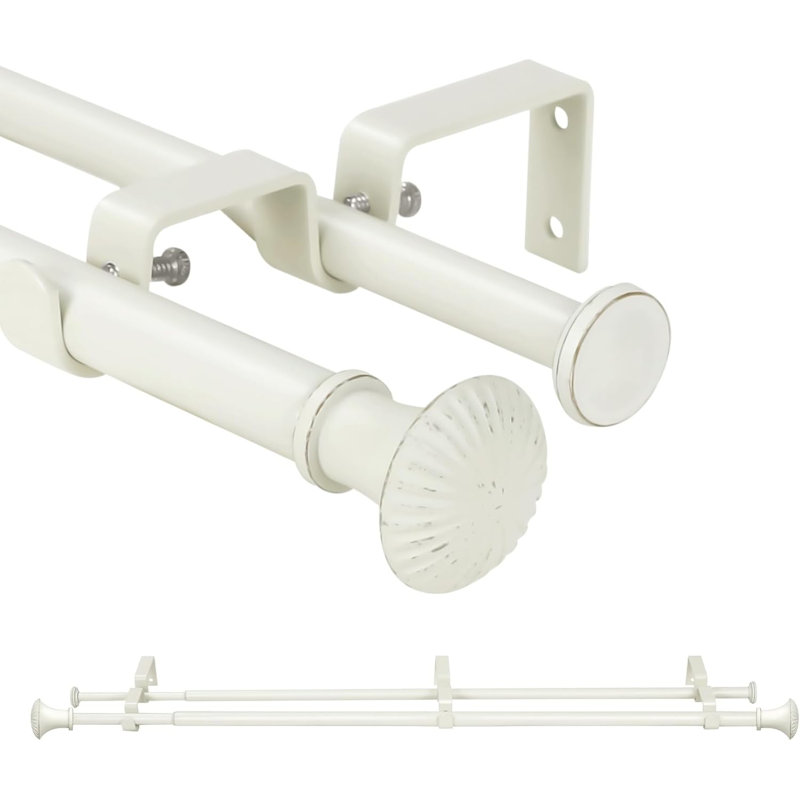 Ensemble de tringle à rideaux télescopique 5/ 5/8 po de diamètre avec faîteaux de trompette, 28"-48", Blanc cassé