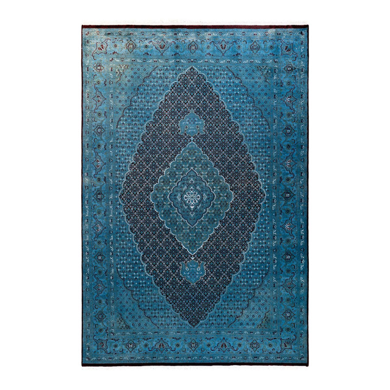 Tapis bleu noué à la main de conception unique Chimel