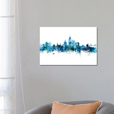 Mobile Alabama Skyline Blue Teal by Michael Tompsett - 1 Piece Wrapped Canvas Wall Art