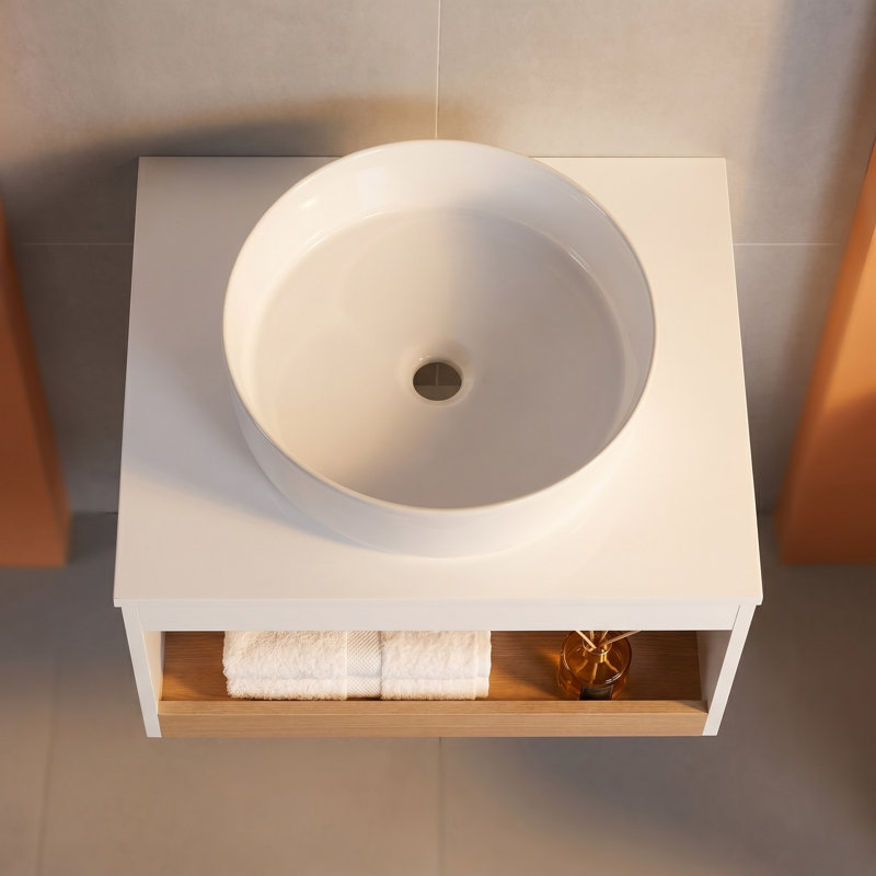 Meuble-lavabo flottant 24 po avec lavabo vasque rond blanc brillant, meuble-lavabo mural avec tablette ouverte, finition blanche avec comptoir durable, conception moderne peu encombrante