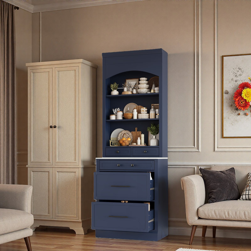 Garde-manger moderne avec plateau en faux marbre, 5 tiroirs et une tablette réglable, Bleu, Noir