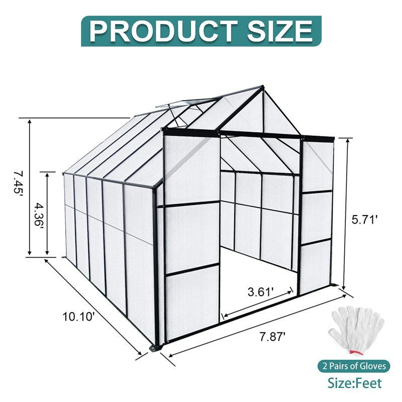 Serre de 8 po x 10 pi à double porte en polycarbonate surélevée et serres en aluminium, Noir