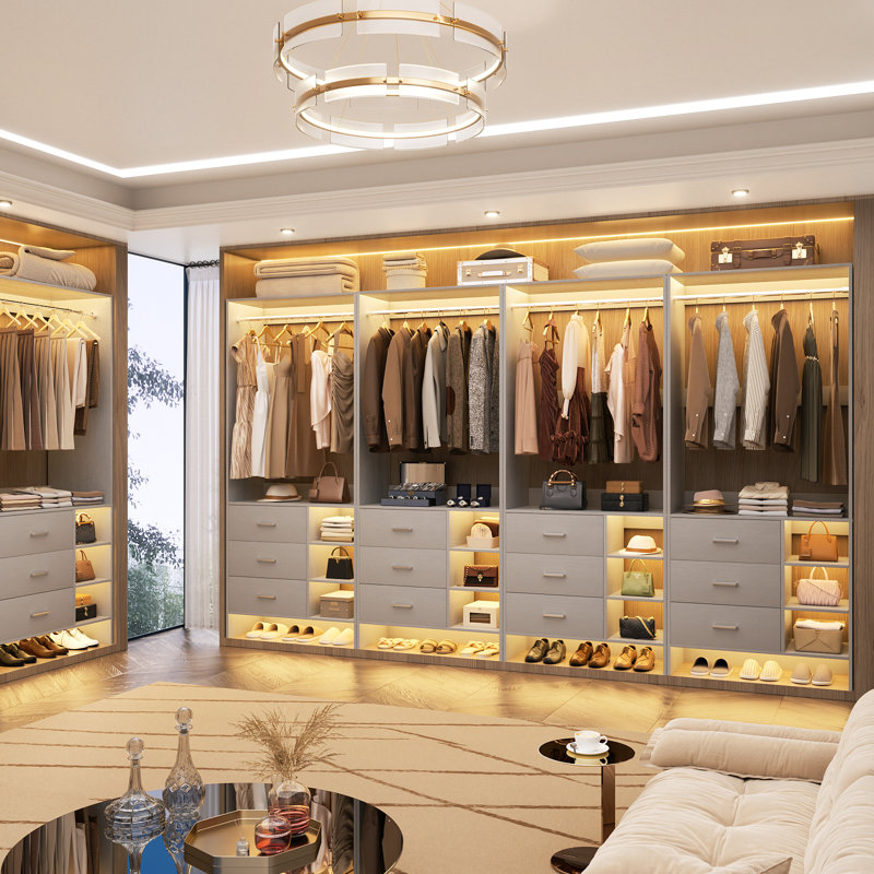 10ft Closet System with Wooden Drawers and Hanging Rods, White Oak