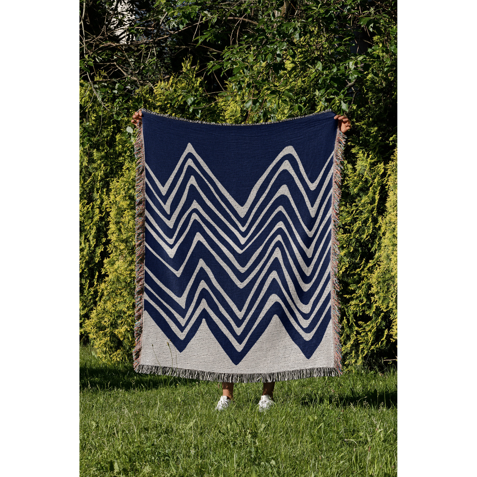 Addai Abstract Triangle Pattern Blanket , 60" H x 60" W (Throw), Navy Blue