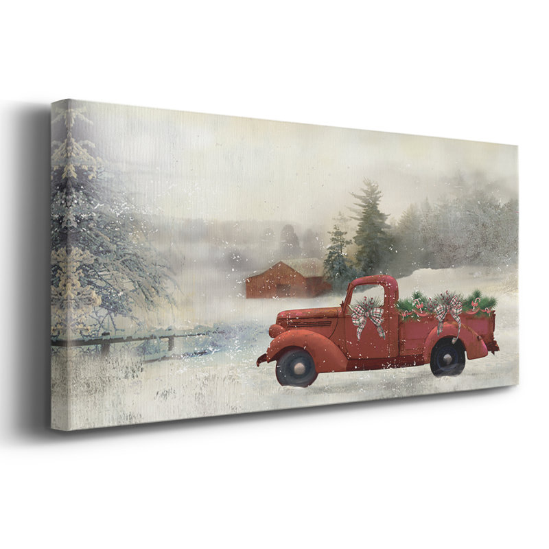 Red Barn Winter - Toile tendue avec châssis - Prêt à accrocher, H 12 po x l 30 po