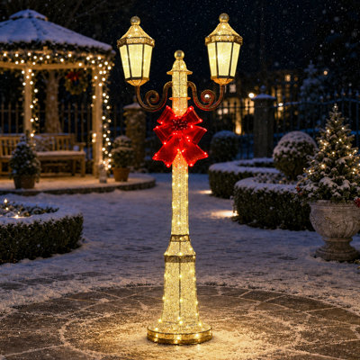 5 pi Lampadaire d'extérieur à 2 têtes avec lumières DEL blanc chaud et nœud rouge pré-éclairé, or