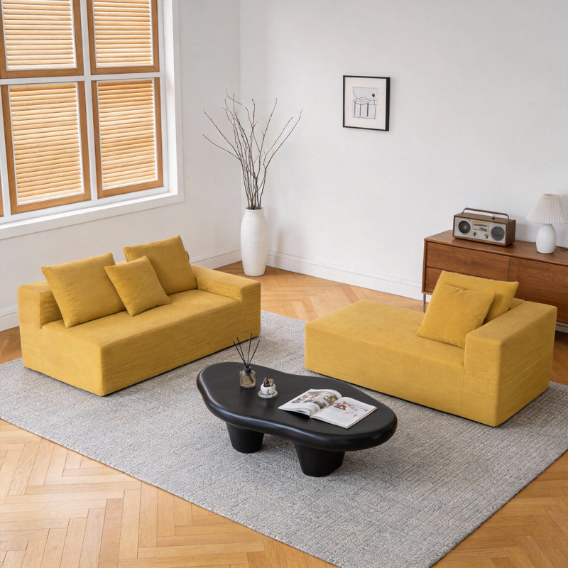 L-Shaped Corduroy Sofa With Chaise – Yellow Frameless Floor Couch, 102.36" X 66.93", Includes Pillows – Ideal For Living Room