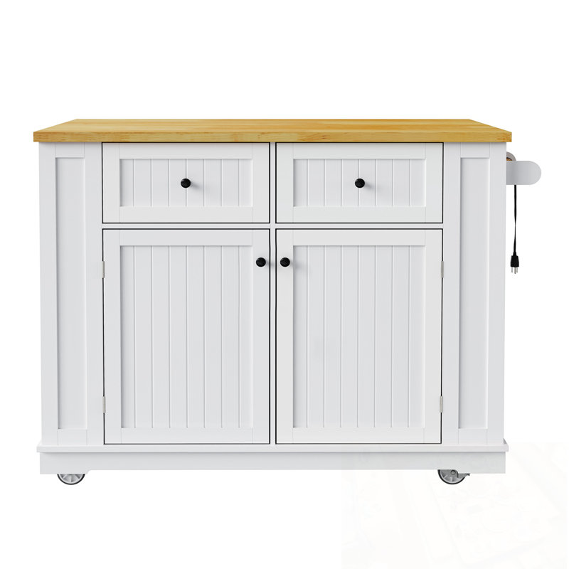 Kitchen Island With 2 Bar Stools, 5 Open Side Racks, Drop Leaf And Power Outlet, White
