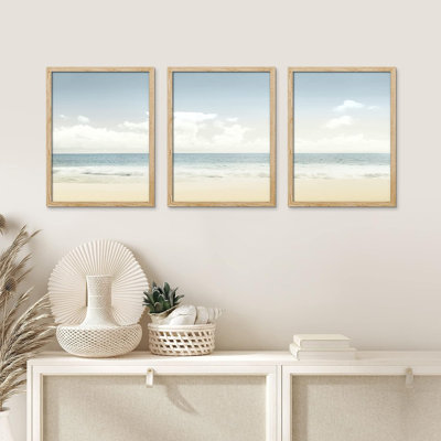 «Coastal Beach» IDÉE4WALL, art mural encadré «Beach Shore Horizon», ensemble de 3 impressions de ciel nuageux sur une île tropicale, décor mural nature sauvage pour salon, chambre à coucher, 3 pièces