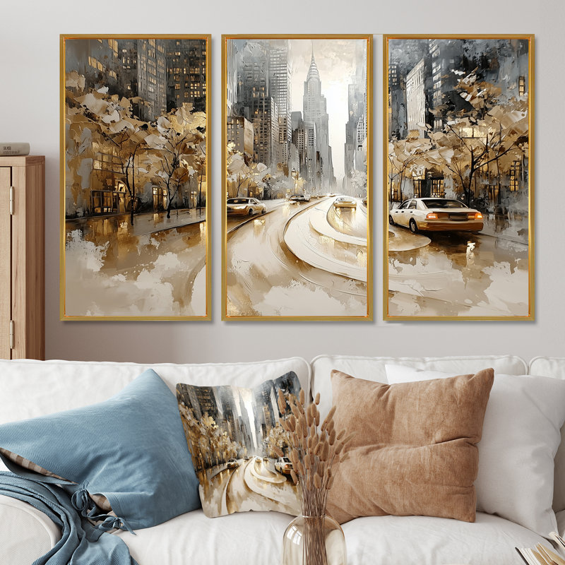 Ensemble de décorations murales Broadway Buzz New York City II - New York City, Toile avec cadre flottant or