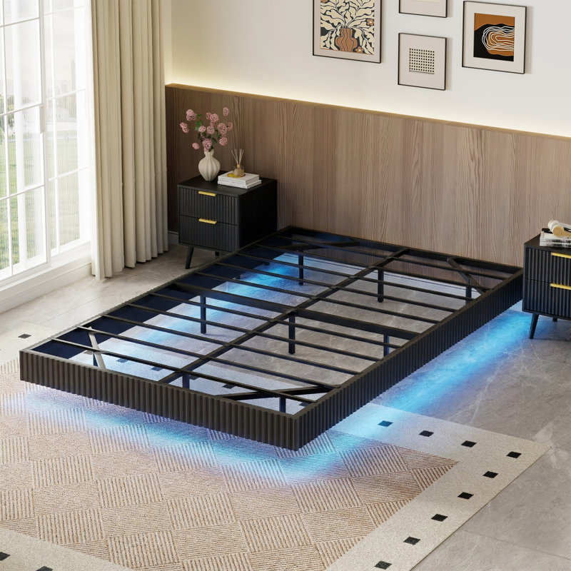 Queen Floating Bed Frame With LED Lights, Modern Fluted Floating Platform Bed With Heavy Duty Metal Slats, No Headboard
