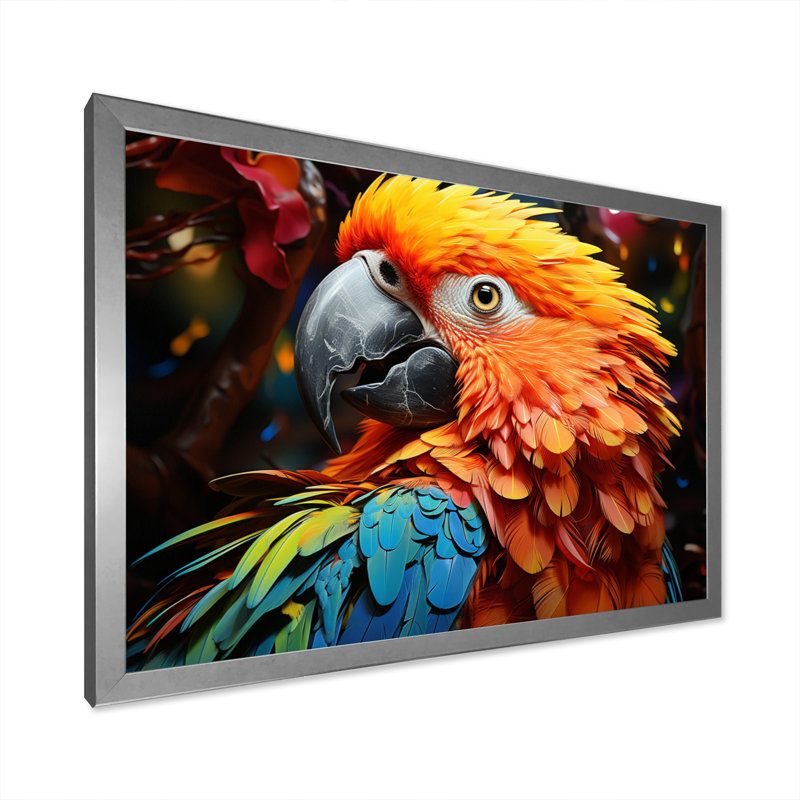 " Yellow Red Parrot Vibrant Plumage Geometric ", Silver Single Picture Framed, 24" H x 32" W x 1" D