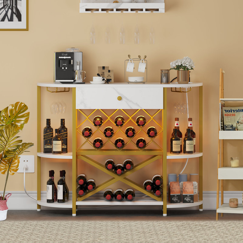 Amata 47.4'' Bar Cabinet with LED Lights and Power Outlets, Wine Cabinet with Wine Racks and Glass Holders, White/Gold