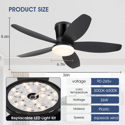 36/42/48" Flush Mount Low Profile Ceiling Fan With Light And Remote,Quiet,Easy Install