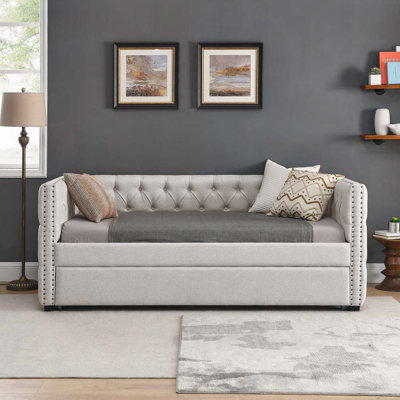 Daybed with Trundle Upholstered Tufted Sofa Bed, with Button and Copper Nail on Square Arms by Everly Quinn