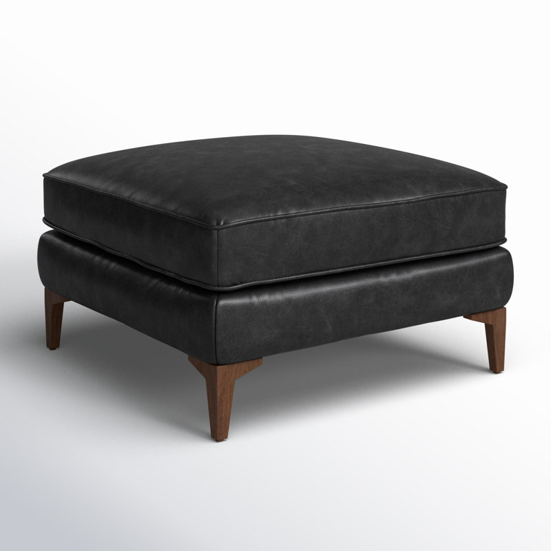 Essex Full-Grain Genuine Leather Ottoman, Onyx Black Genuine Leather