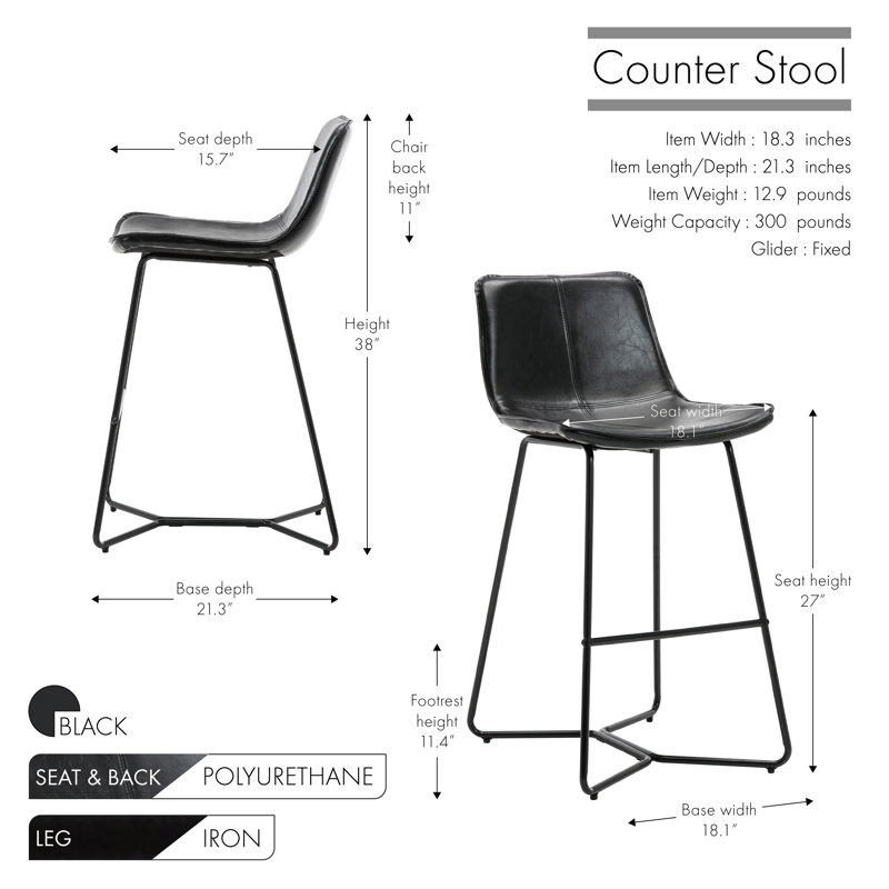 Tabouret de bar Avri, Tabouret de comptoir (siège d'une hauteur de 27 p, Noir