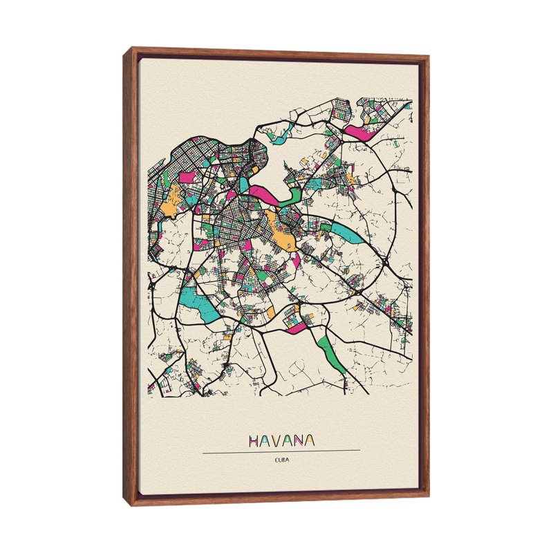 Havana, Cuba Map by Ayse Deniz Akerman - Floater Frame Print on Canvas
