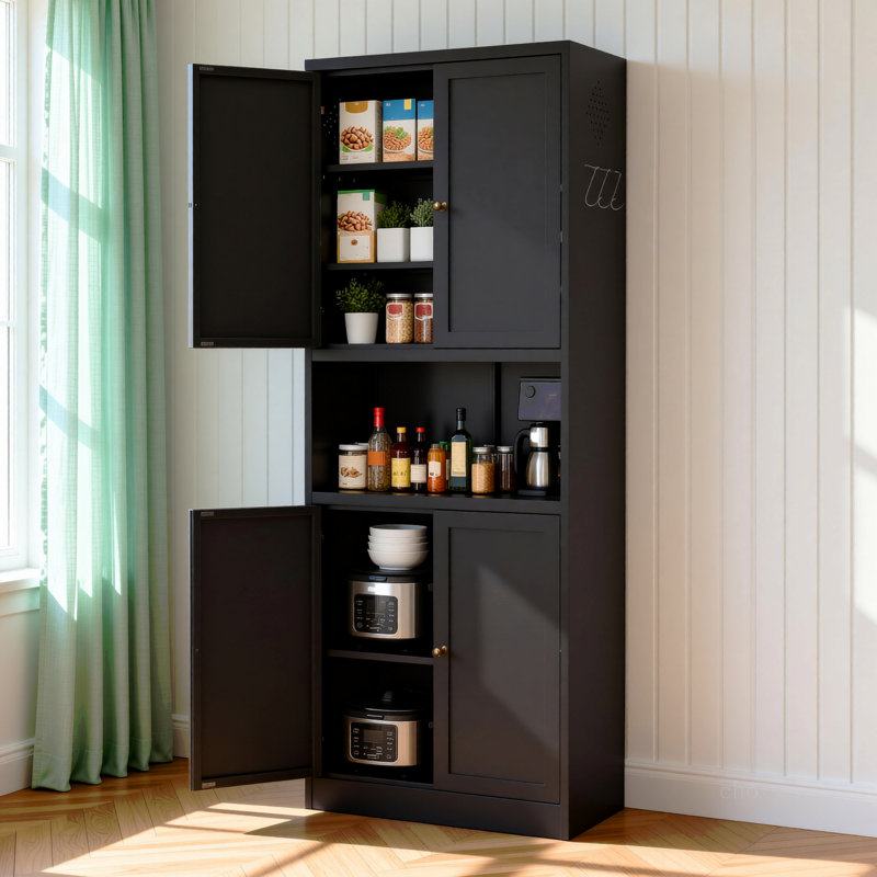 Armoire de rangement pour garde-manger High Steel avec grand comptoir, tablettes réglables et crochets, Black