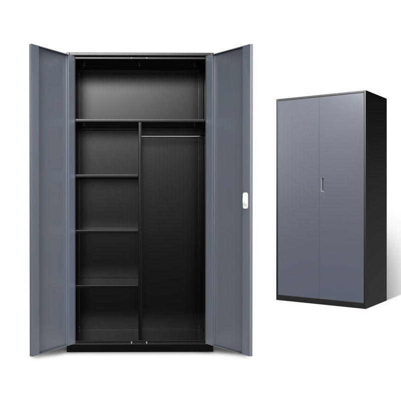 72" Lockable Heavy Duty Metal Storage Cabinet W/ Hanging Rod&Shelves, Gray/Black