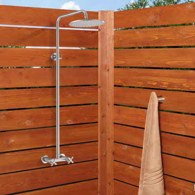 48"H Solid Brass Outdoor 10 Inch Round Rain Shower Set With Dual Cross Handle
