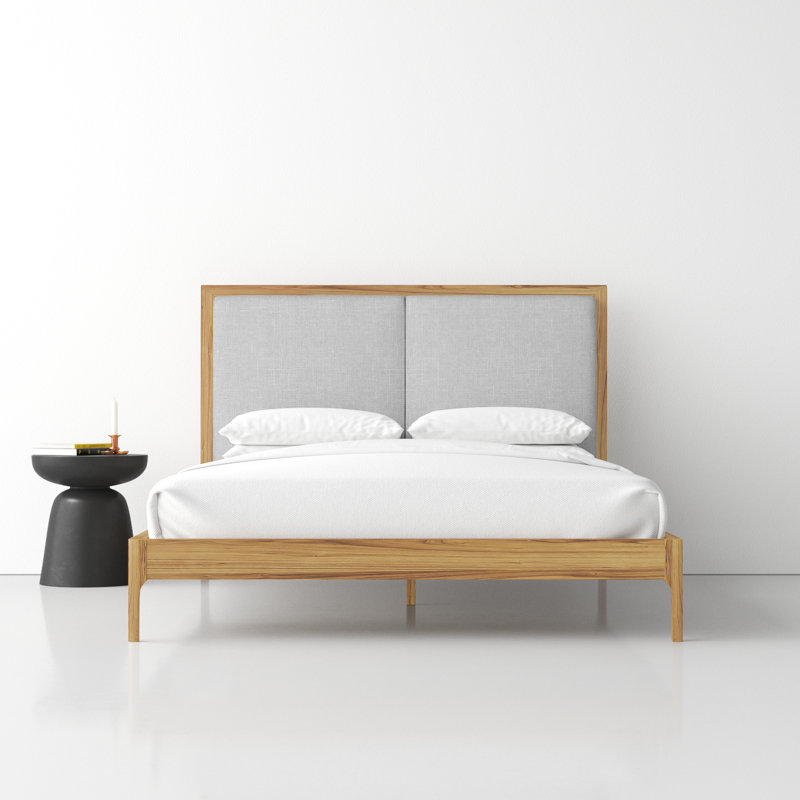 Natural Wood Queen Upholstered Platform Bed with Storage Drawer