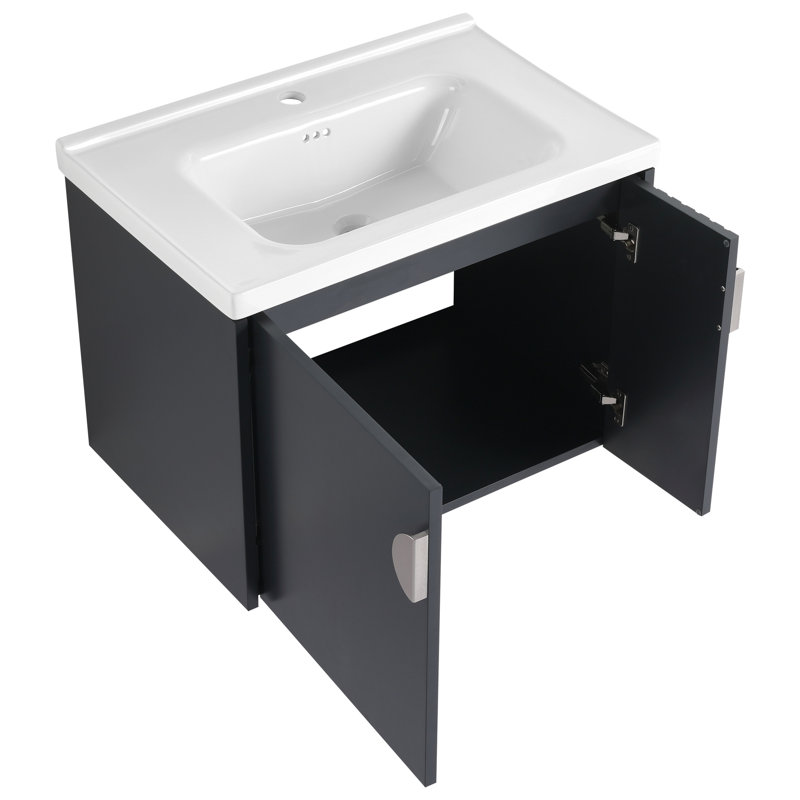 Meuble-lavabo de salle de bain avec lavabo en céramique - Porte murale à fermeture douce de 28 pouces et poignées en métal de style moderne pour petites salles de bain