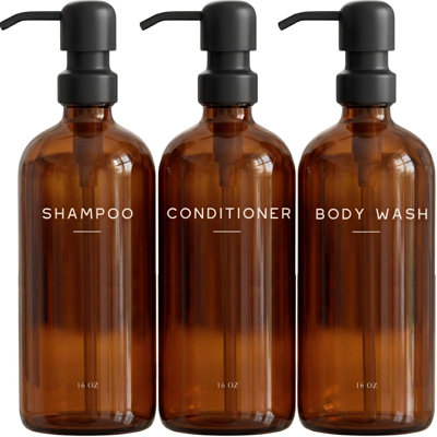 Distributeur de shampoing et revitalisant Ambre - Flacons de gel douche et shampoing avec pompe - Distributeur de douche en plastique rechargeable pour une décoration de salle de bain moderne dans les locations de vacances et les spas (Ambre)