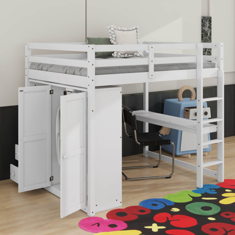 Lit mezzanine double avec bureau, tablettes et tiroirs, Blanc