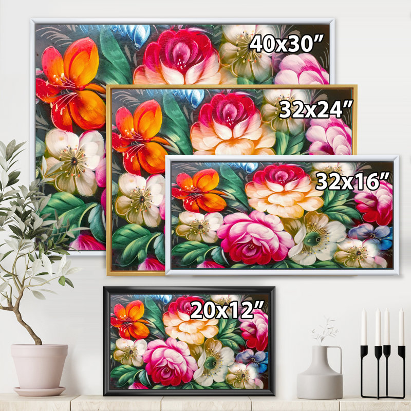 «Vintage Vibrant Red and Yellow Flower Still Life II», peinture sur toile, H 24 po x l 32 po x P 1 po, Cadre flottant blanc