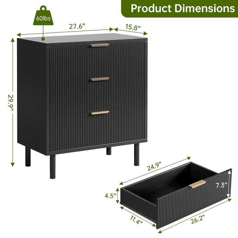 Commode ondulée à 3 tiroirs Wave, commode de 28 po de largeur avec dispositif anti-basculement, pieds en métal pour la chambre à coucher, vestibule, petits espaces
