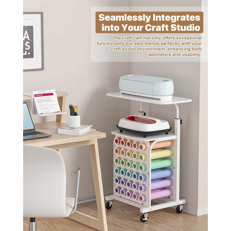 Rolling Craft Cart With Vinyl Roll Holder And Adjustable Table Height, Craft Organizers And Storage Table Compatible