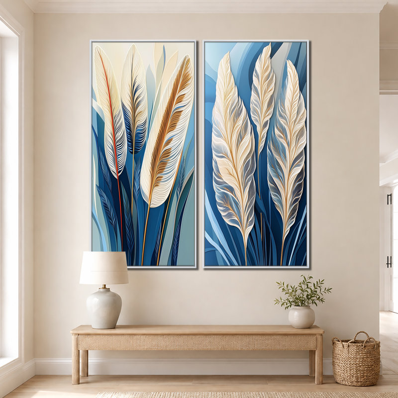 Plumes de Pampas dorées III - Affiche murale en deux parties - Herbe de la Pampa, 60" H x 56" W, White Floater Framed