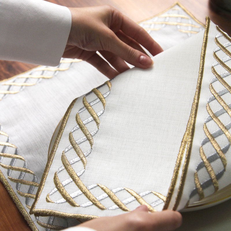 Embroidered White Linen Placemats with Gold Scrollwork – 24pc Elegant Table Mats Set for 6 Person | Islamic Decorative Dining Linens