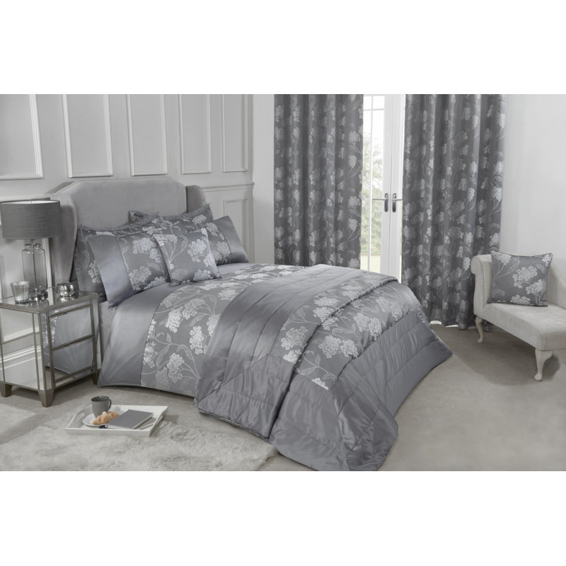 Blossom Satin Floral Bedding with Pillowcases, King, Silver