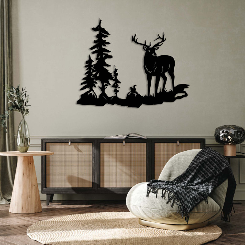 Art mural en métal cerf dans les bois - faune sauvage, décor de nature - silhouette de cerf, conception de scène de bois - chalet rustique suspendu - sculpture industrielle moderne en métal - décoration intérieure aventure en plein air - pièce d'art remarquable