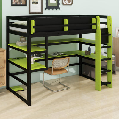 Modern Elevated Bed with Dedicated Workspace, Vertical Side Storage, Comprehensive Bookcase Shelving, and Adjustable RGB Illumination