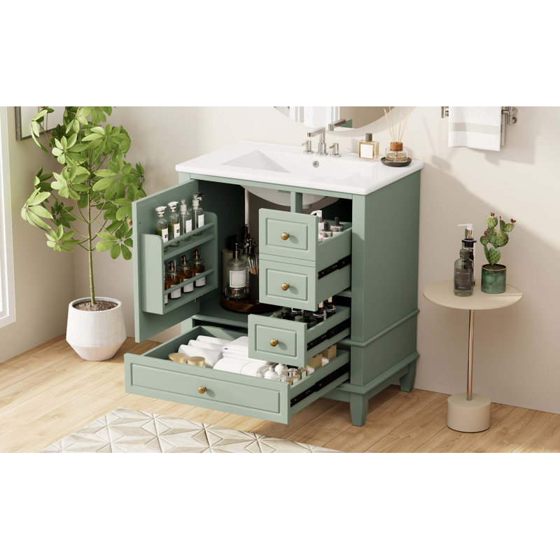 Meuble-lavabo 30 po avec lavabo, une porte avec tablette, 3 tiroirs et porte à fermeture en douceur, Vert clair / doré