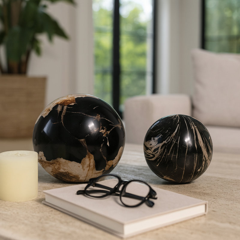 Artistic Petrified Wooden Orbs for Home Décor Accent – Modern Decorative Object for Living Room, Kitchen, Coffee Table Decorations – Set of 2, 6", Black