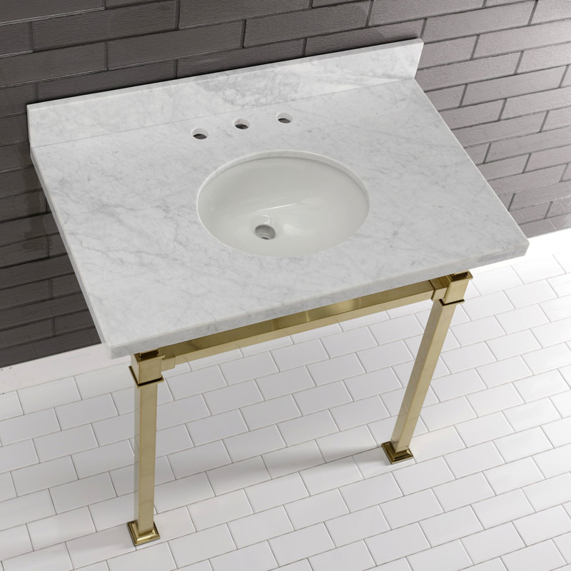 Kingston Brass Monarch 36-Inch Carrara Marble Console Sink with Stainless Steel Legs (8-Inch, 3-Hole)