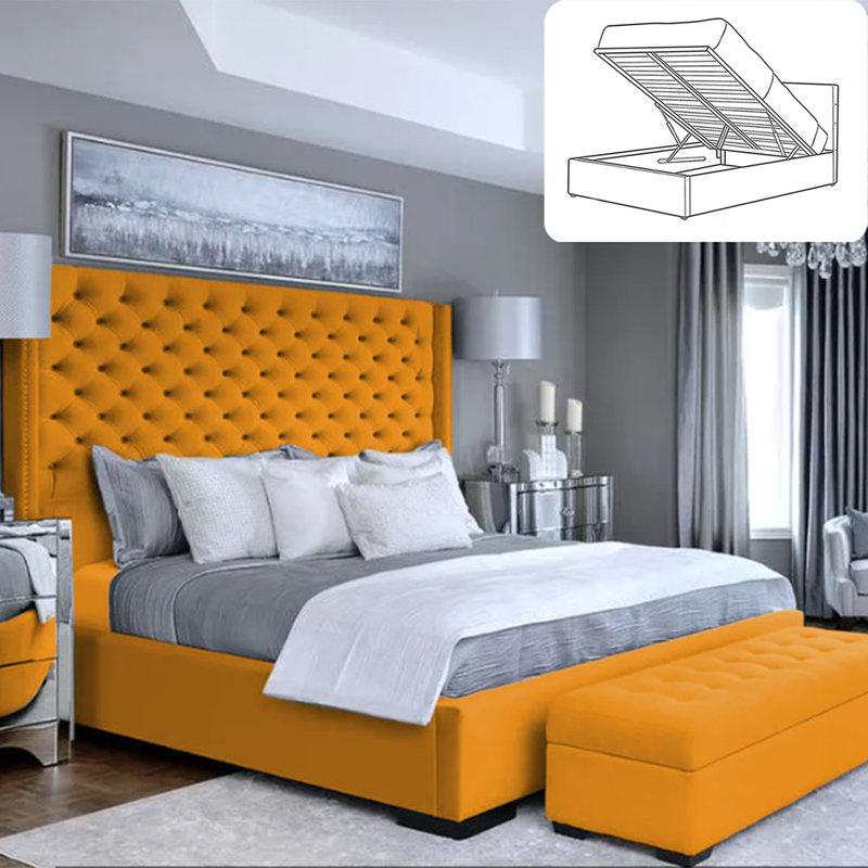 Thielsen Chesterfield Ottoman Storage Bed - Plush Velvet Gas Lift Bed Frame with Headboard, Mustard, Single (3')