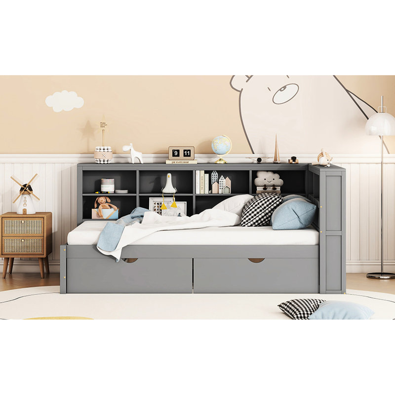 Lit de jour simple en bois gris avec tablette de rangement, 2 tiroirs et rangement, Lit simple, Gris