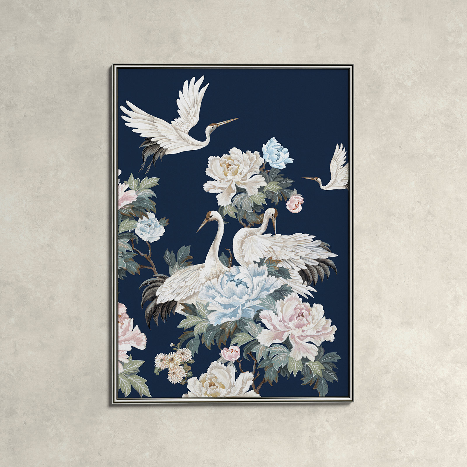 Danbury "Pearly White Cranes II" Painting, 42.75" H x 30.75" W x 0.88" D, Silver