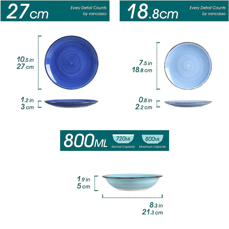BOMOOTIUR Sylvain 36 Piece Dinnerware Set, Service for 12, Blue Assorted