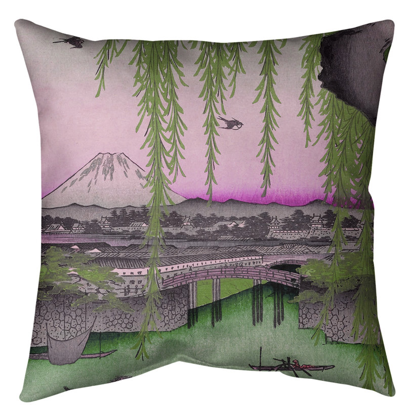 Coussin Utagawa Hiroshige Yatsumi Bridge, 28 po x 28 po, Gris / bleu / rose