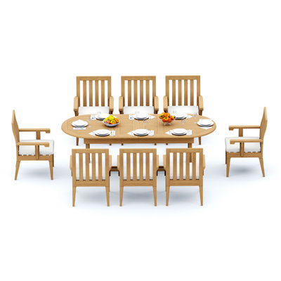 Ensemble de salle à manger 9 pièces en bois de teck de qualité A: table ovale à pieds en tréteaux et fauteuils Cargan # 11Ca2308