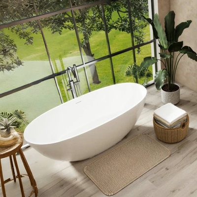 65" Freestanding Luxury Soaking Bathtub, Glossy White, Warm - Water Retention, Spacious Area Stone Resin Spa Like Experience, Center Drain With Leak Proof Feature
